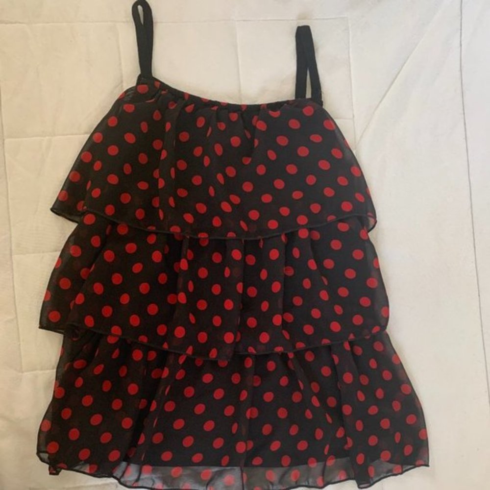 Suzy Shier Black with red dots ruffle top